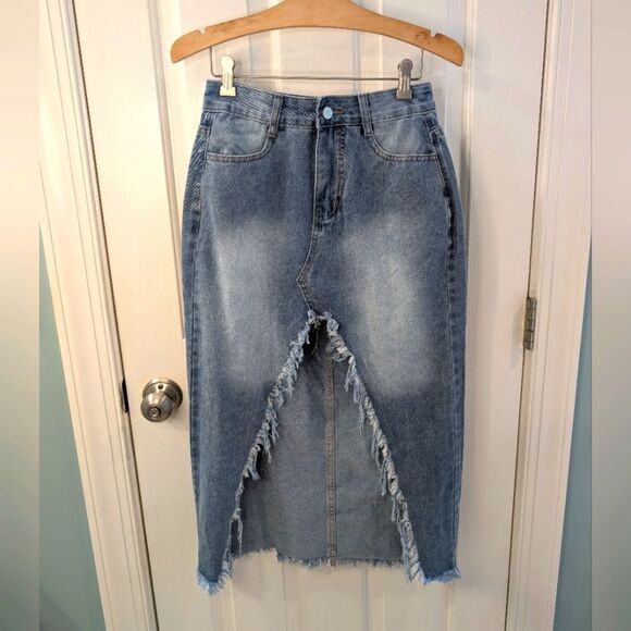 Distressed Denim Midi Skirt Raw Edge High Slit Small - Picture 8 of 8